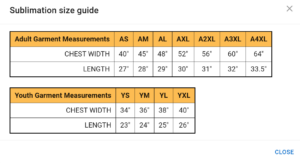 epicsports soccer sublimation size guide